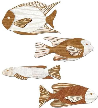 4er-Set Holzfisch Wanddeko im maritimen Vintage-Stil, Nautische Wandskulpturen für Wohnzimmer und Badezimmer, Farbe: Braun - Bild 1