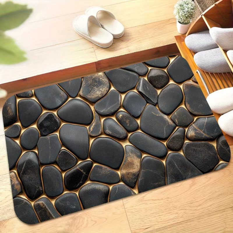 VIKAMA Badezimmerteppich Kieselstein-Design in Schwarz-Gold, wasserabsorbierend und rutschfest - Bild 2