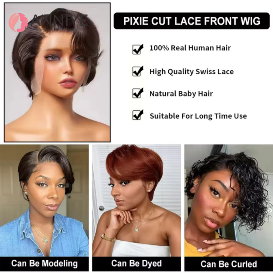 ANNIYE Pixie-Schnitt Bob-Perücke, Echthaar, 180 % Dichte, Damen - Bild 3