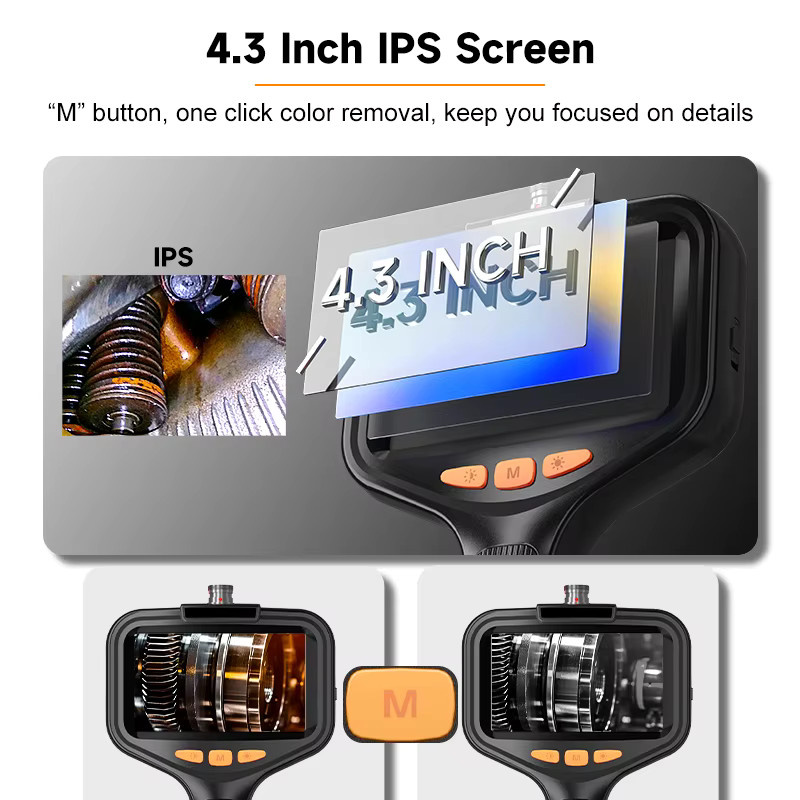BUMBORN Industrie-Endoskop mit 4,3 Zoll Display, Doppelobjektiv, 1080P Auflösung, IP67 wasserdicht, starres Kabel 2–100 m, abnehmbares Design, Farbe: Schwarz - Bild 4