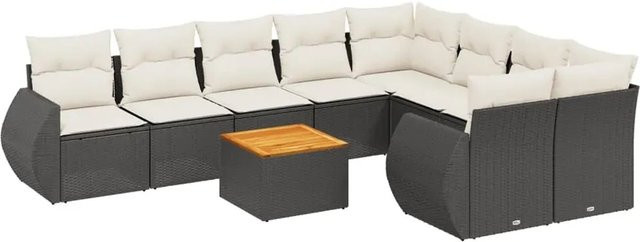 vidaXL 10-tlg. Garten-Sofagarnitur in L-Form aus Poly-Rattan und Akazienholz mit Kissen in Schwarz-Creme - Bild 1