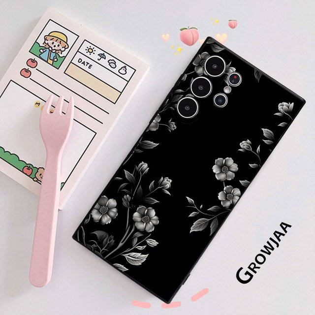 Luxus Handyhülle mit Blumenmuster in Schwarz für Samsung Galaxy S25 S24 S23 S22 S21 S20 Ultra Plus, mattes Softcover - Bild 1