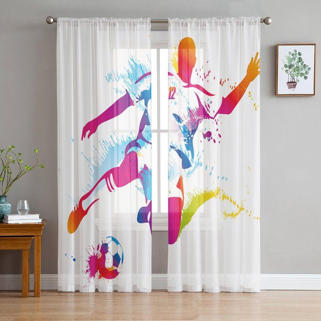 Transparente Tüll-Voile-Organza-Vorhänge mit Fußballspieler-Motiv in Weiß, B: 135 cm, H: 115 cm - Bild 1