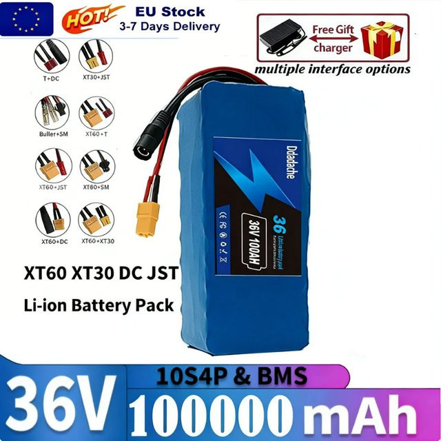Ddadache 36V 100Ah Li-Ion Akkupack 10S3P mit integriertem 15A BMS und 42V 2A Ladegerät in Blau - Bild 1