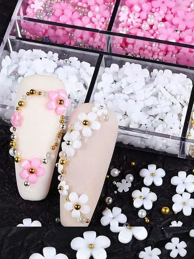 MAFANAILS Nagelanhänger 3D Acryl-Blumen Rosa/Weiß, Gold- und Silber-Stahlperlen - Bild 2