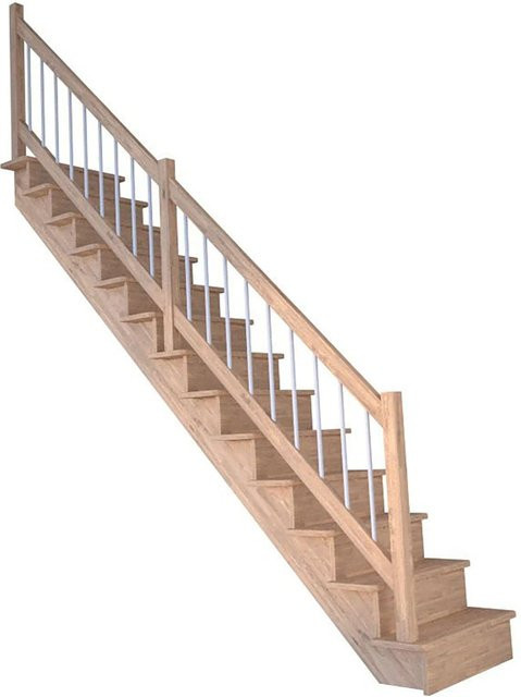 StarWood Treppe Lindos Pro Eiche Gerade 100cm mit Setzstufe aus Holz und Edelstahl-Geländer in Weiß und Braun - Bild 1