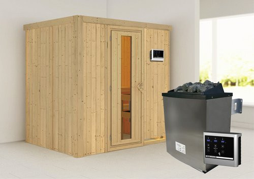 Karibu Sauna Kothla aus Fichtenholz mit 9 kW Saunaofen und externer Steuerung für 3 Personen, Farbe: beige - Bild 1