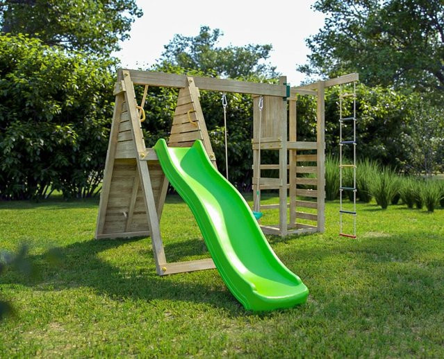 Fungoo Spielturm Climber in Teak mit Rutsche, Einzelschaukel, Kletterwand und Schaukelsitzen - Bild 1