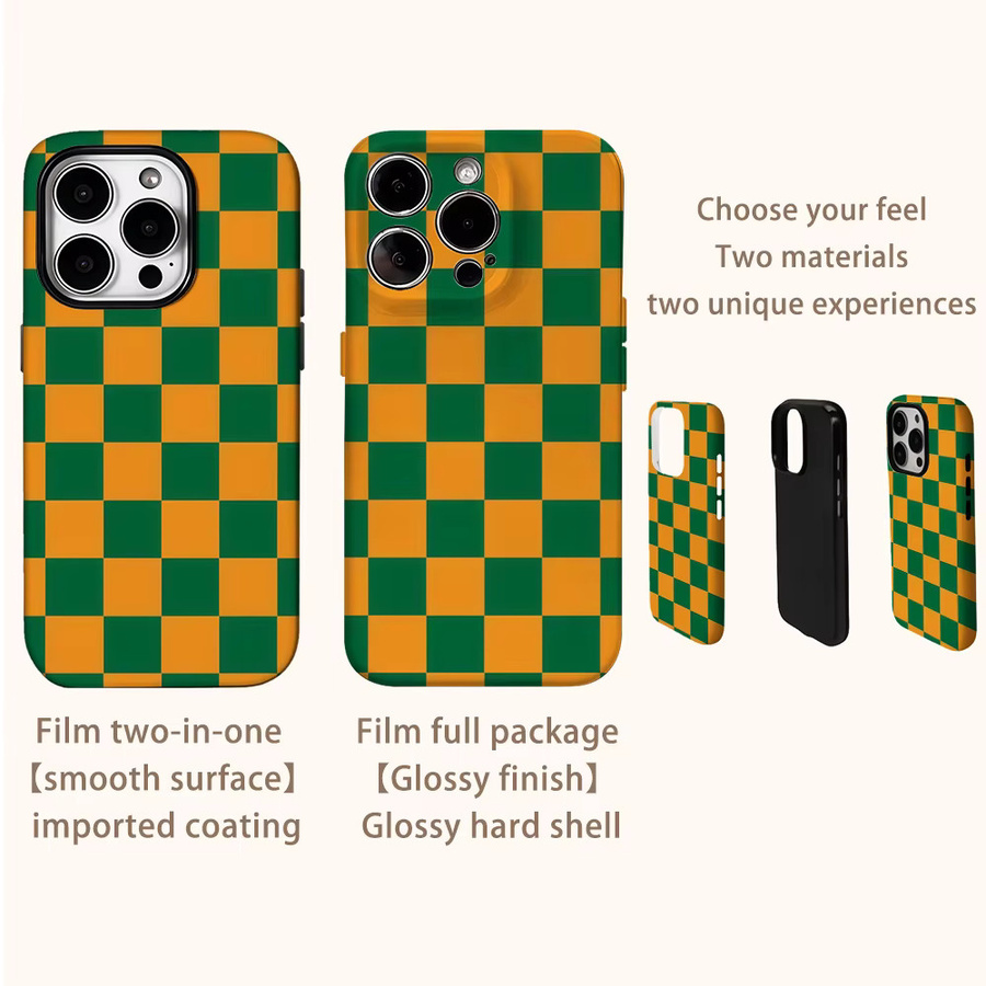Luxuriöse Handyhülle mit kariertem Design in Grün und Orange für iPhone 11 bis iPhone 17 Pro Max und weitere Modelle mit doppellagiger Rückseite - Bild 2