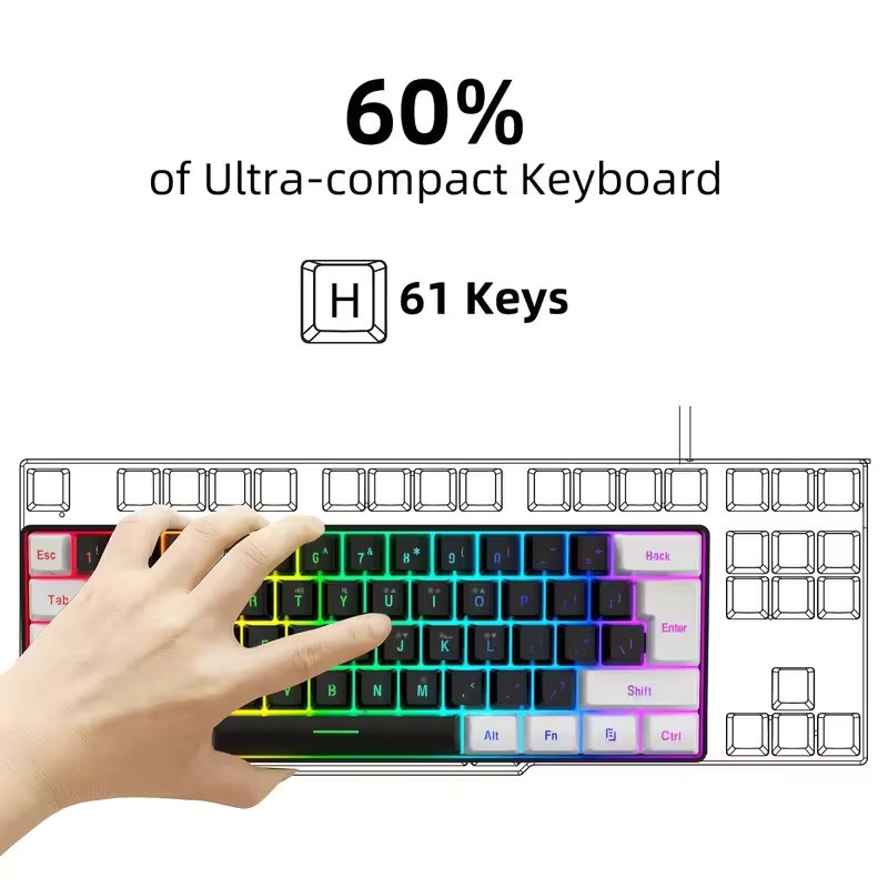 HXSJ Mini-Tastatur- und Mausset mit 61 Tasten, 60 % Layout, USB-Anschluss, zweifarbige spritgegossene Tastenkappen und farbige optische Maus mit Hintergrundbeleuchtung, Schwarz/Mehrfarbig - Bild 3