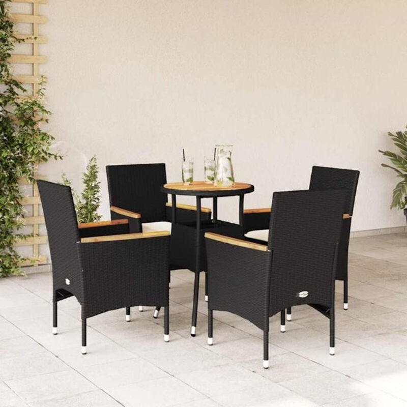 5-tlg. Garten-Essgruppe aus Poly-Rattan und Akazienholz mit Kissen in Schwarz und Creme von vidaxl - Bild 1