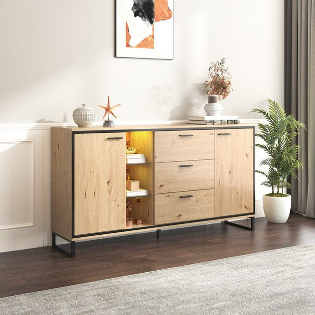 Modernes Sideboard Aosom in Schwarz und Holzton mit LED-Beleuchtung, 3 Schubladen und 2 Türen, Breite: 160 cm - Bild 1