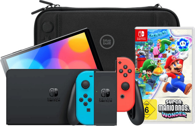 Nintendo Switch OLED Konsole Blau/Rot inklusive Super Mario Bros. Wonder und BlueBuilt Schutzhülle - Bild 1