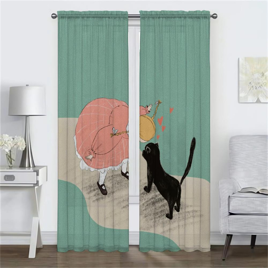 Retro Vintage Mädchen Tüllvorhänge für Wohnzimmer und Schlafzimmer, halbtransparent, Mehrfarbig, B: 50 cm, H: 70 cm, 2 Stück - Bild 1