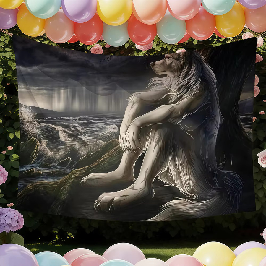 Emo White Wolf Sitting Meme Flagge von Warner Bros. in Weiß als Wandkunst und Dekoration für Innenbereich und Outdoor - Bild 2
