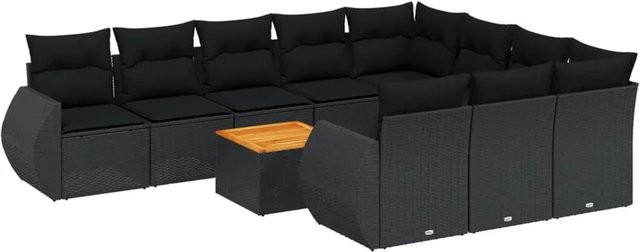 vidaXL 11-tlg. Garten-Sofagarnitur in L-Form aus Poly-Rattan und Akazienholz mit Kissen in Schwarz - Bild 1