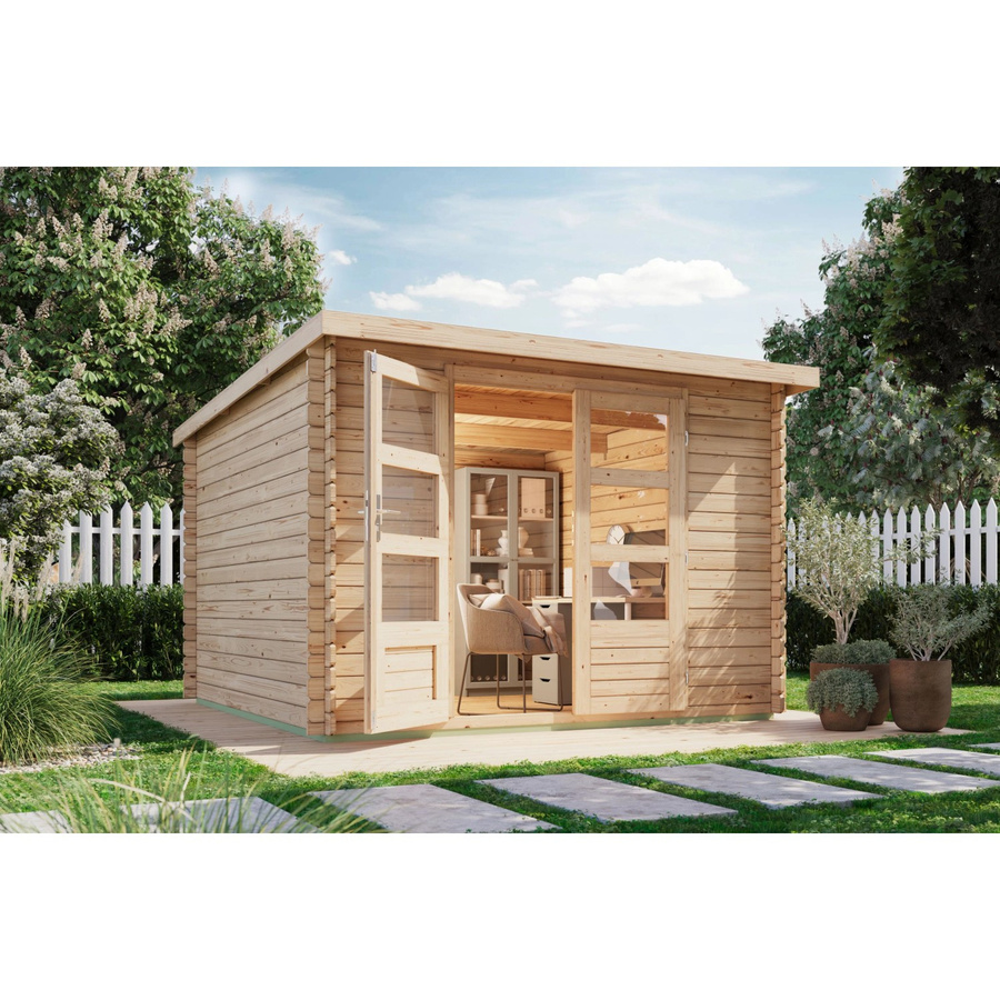 Karibu Gartenhaus Dortmund Solo aus Massivholz in Braun mit Pultdach und Blockbohlenbauweise, B/T/H: 205 x 28 x 205 cm - Bild 2