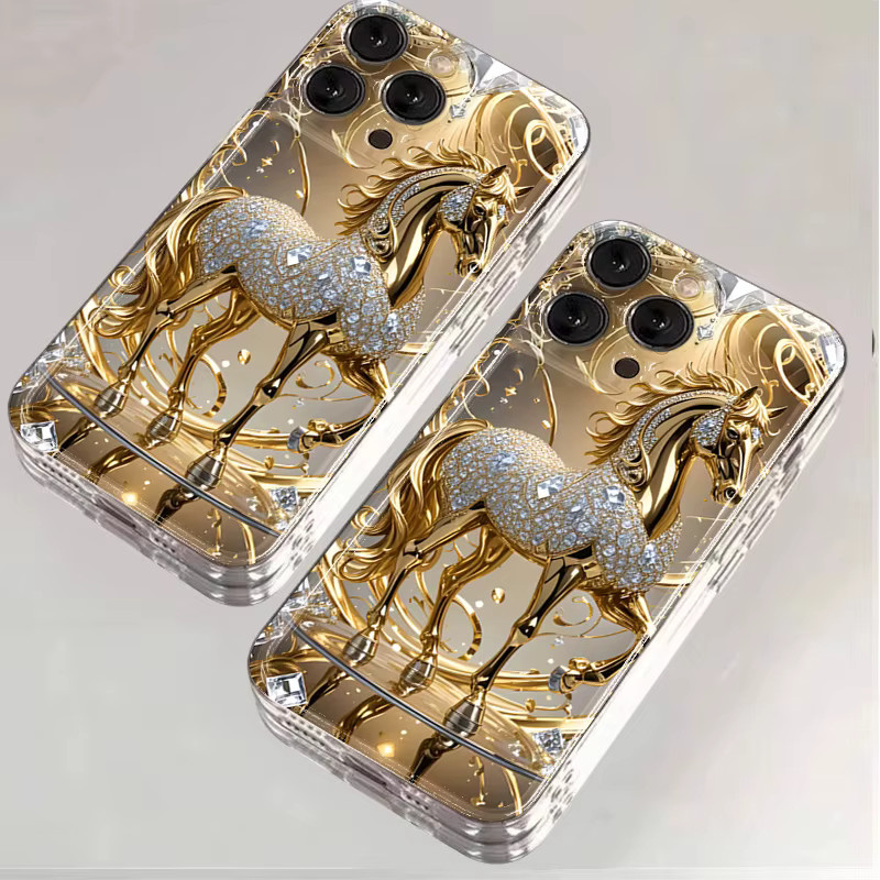 Golden Horse Diamond Handyhülle für iPhone 17 16 15 14 13 12 11 Pro Max Plus XR XS X Soft Clear Cover in Transparent Gold - Bild 4
