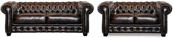 Vente-unique Couchgarnitur Brenton Chesterfield aus Leder in Schokobraun mit Punksteppung B/T: 160 x 201 cm