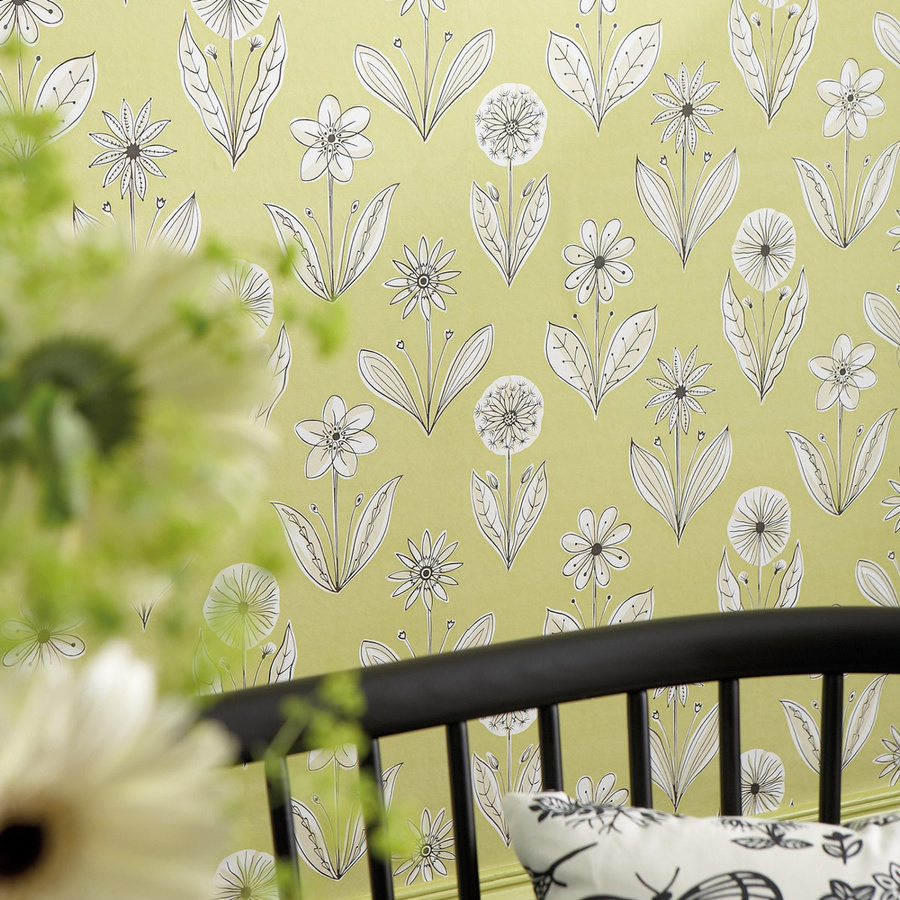Little Greene Tapete Florette Acid Drop in Grün mit botanischem Floral-Design im Retro-Stil - Bild 1