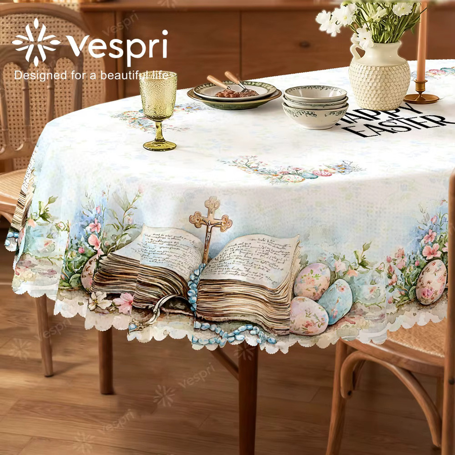 Vespri Oster-Tischdecke aus Polyester in Weiß und Blau, rund mit floralem Design - Bild 2