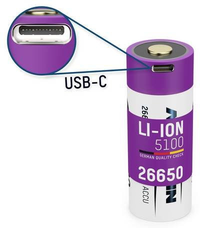 Ansmann 26650 USB-C Li-Ion Akku mit 5100 mAh und 3.6V in Lila - Bild 1