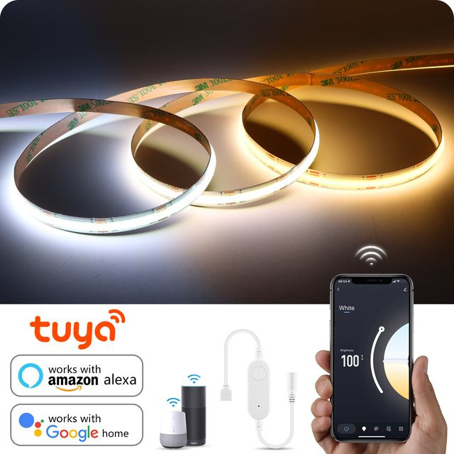 Rybakov Tuya Smart Home COB LED Streifen mit WiFi und Alexa Steuerung, CCT 2700K-6500K dimmbar, Farbe Weiß - Bild 1