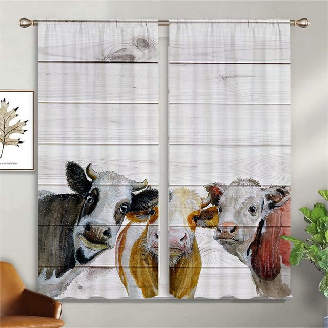 2er-Set Vintage Vorhänge im Feldstil mit Tier- und Blumenmuster, halbtransparent, B: 65 cm, H: 165 cm - Bild 1