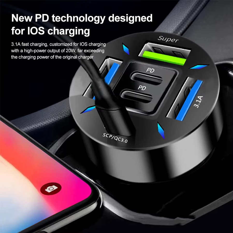 kebidumei 6-Port Autoladegerät mit 250W, schnelles Laden mit PD QC3.0 USB-C und Typ-C Adapter, Schwarz - Bild 3