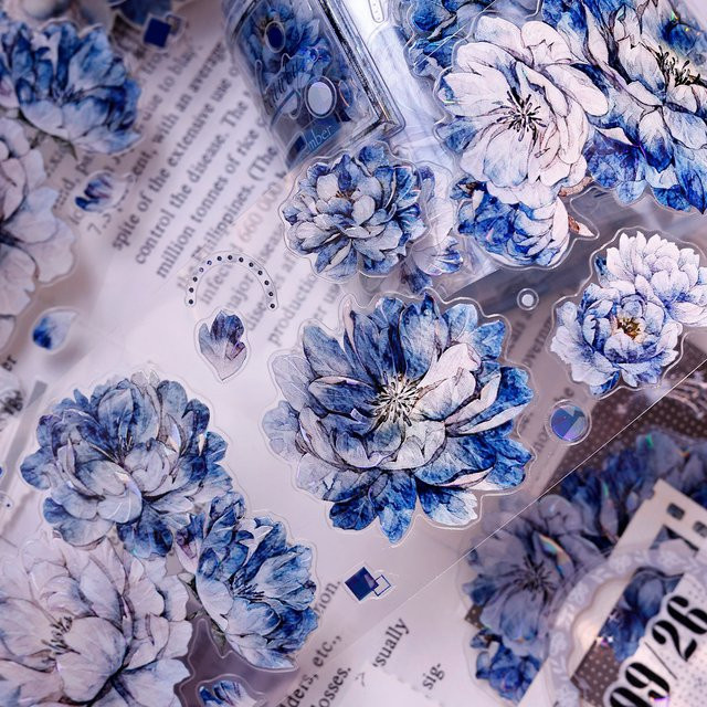 XiaoBaiJia Studio Vintage Washi PET Klebeband mit blau-weißem Blumenmuster für Scrapbooking und DIY-Kartenherstellung - Bild 1