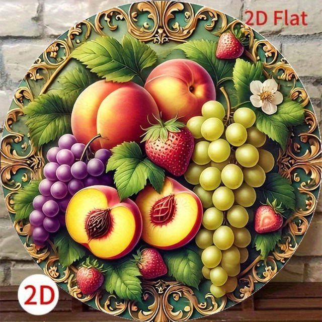 HELLOYOUNG Vintage-Metalldekoration mit Frucht- und Blumenmotiv, Rund, Mehrfarbig, Durchmesser: 20 cm - Bild 1