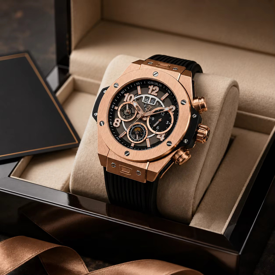 OBLVLO Armbanduhr Automatik, Roségold-Gehäuse, Kautschukarmband, Herren - Bild 4