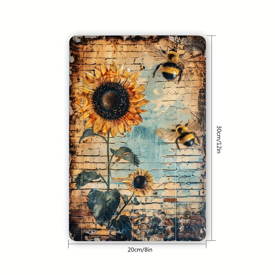 ZX ART Vintage Metallschild Sonnenblume und Bienen, Rustikale Wandkunst aus Metallzinn in Multicolor, B/H: 20,32 x 30 cm - Bild 2