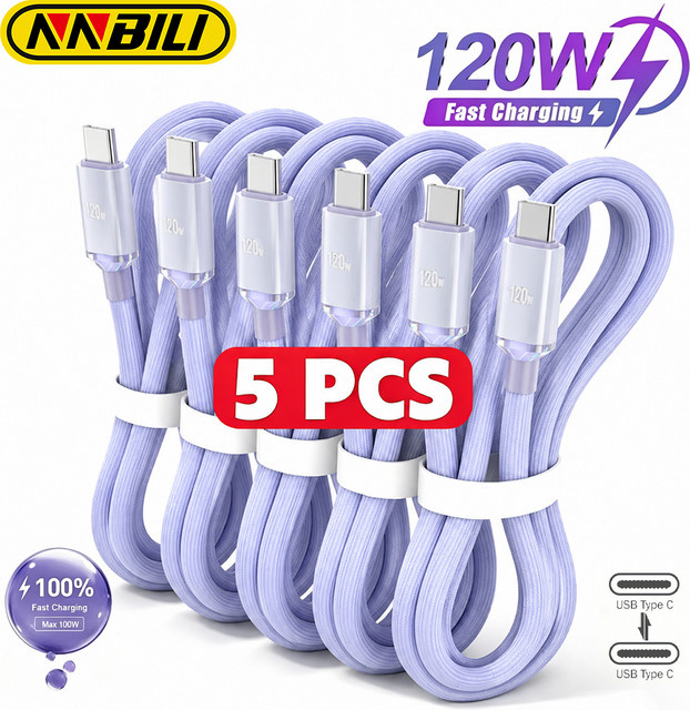 NNBILI 5er Pack USB Typ-C zu Typ-C Kabel 120W Schnellladekabel in Blau für iPhone 15 16 17, Huawei, Xiaomi und Samsung - Bild 1
