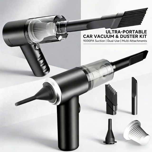 HAOYUNMA Kabelloser Mini Auto-Staubsauger in Schwarz, 9000Pa Tragbarer Nass- und Trockensauger mit USB-Aufladung und 1200mAh Akku - Bild 1