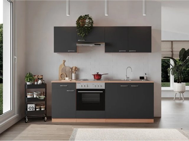 Respekta Küchenzeile KB210BGE in Grau und Buche Nachbildung, modern mit Türen und Schubladen, Breite: 210 cm, Höhe: 84,8 cm, Tiefe: 60 cm - Bild 1