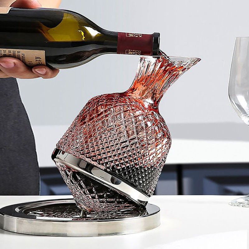 JETTING 360 Grad drehbarer Dekanter aus Kristallglas in Transparent und Silber, 1500 ml Weinspender und Belüfter mit geometrischem Design - Bild 1