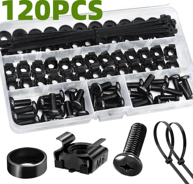 120-teiliges M6 Käfigschrauben Set mit Muttern und Unterlegscheiben in Schwarz für Server-Racks und Schrankmontage - Bild 1