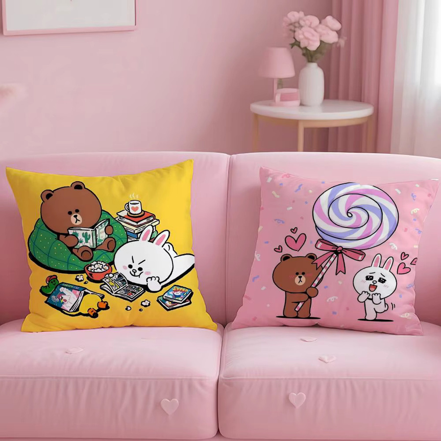 Line Town Brown Bear und C-Cony Kissenbezug, wendbares quadratisches Design, Schwarz/Mehrfarbig, B/T/H: 30 x 30 x 30 cm - Bild 2