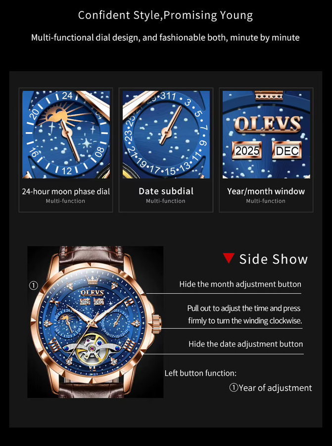 OLEVS Armbanduhr, mechanisch, Schwarz, Bicolor, Edelstahl, Leder, Herren - Bild 5