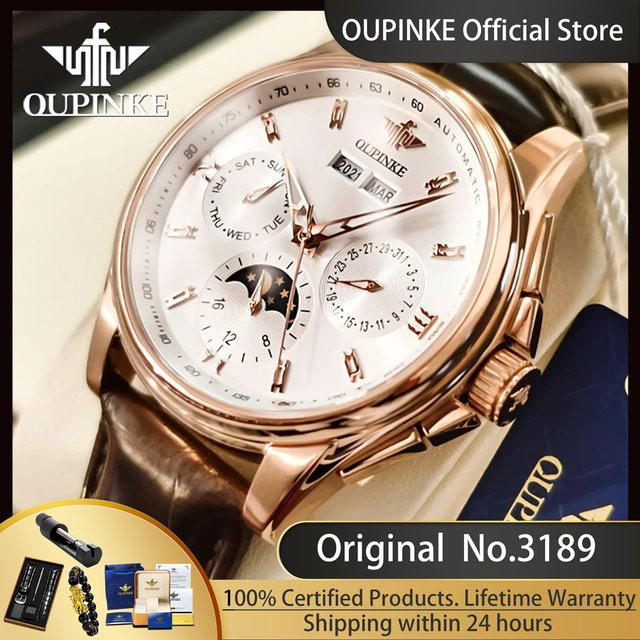 OUPINKE Armbanduhr Automatik, Leder, Mondphase, Herren - Bild 1