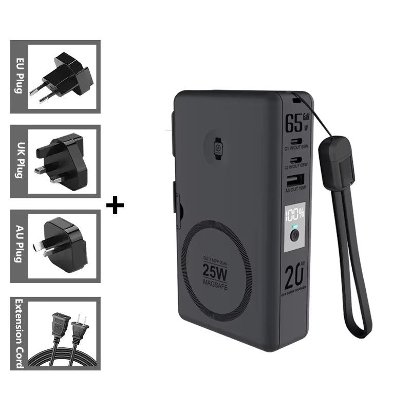 65 W GaN Powerbank mit 20000 mAh und 25 W magnetischem Qi2.2 kabellosem Schnellladegerät für iPhone, iWatch und Laptop, Schwarz, USB Typ C - Bild 6