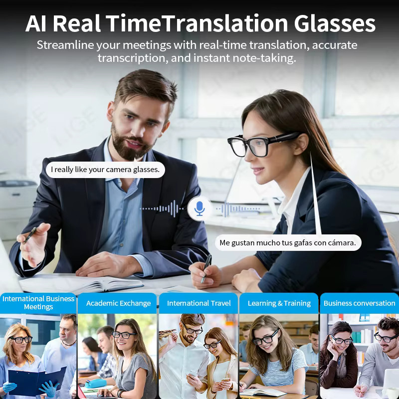 LIGE KI-Smart-Brille in Schwarz mit 8MP HD-Kamera, KI-Übersetzung, Bildaufnahme, Konversationsaufzeichnung und Musikwiedergabe - Bild 4
