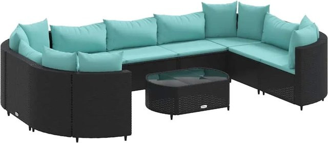 vidaXL 10-tlg. Garten-Sofagarnitur in L-Form mit Kissen und Couchtisch, Schwarz und Blau, Poly-Rattan mit Metallgestell - Bild 1