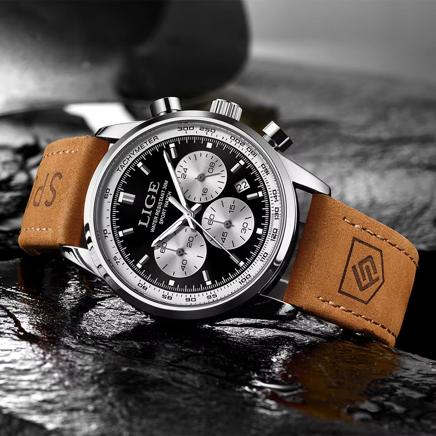 LIGE Armbanduhr Chronograph, Quarz, Leder, Schwarz, Herren - Bild 4