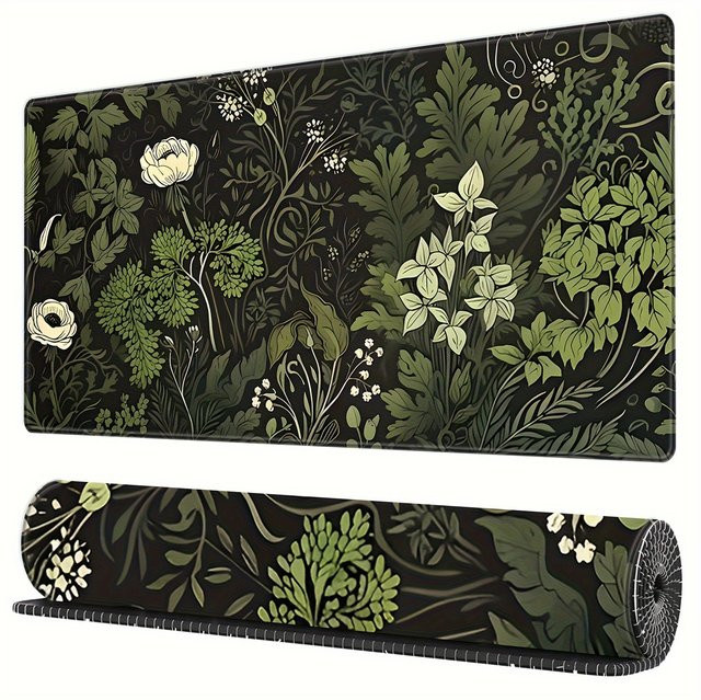 XGZ Botanisches Mauspad mit grünen Blumen und Pflanzen in Grün und Braun, große rutschfeste Schreibtischunterlage mit genähten Kanten für Büro und Gaming - Bild 1