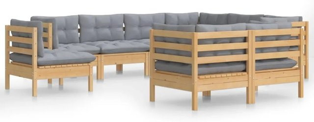 vidaXL 9-tlg. Garten-Lounge-Set aus massivem Kiefernholz mit grauen Polstern in L-Form - Bild 1