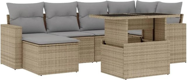 vidaXL 7-tlg Garten-Sofagarnitur in L-Form aus beigem Poly-Rattan mit UV-beständigen Kissen und pulverbeschichtetem Stahlgestell - Bild 1