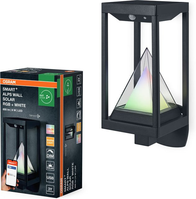 OSRAM SMART+ Outdoor Bluetooth Solar-Wandleuchte in Schwarz mit warmweißem und RGB Farblicht, LED-Außenleuchte mit Bewegungssensor und IP44 Schutz für Garten, Terrasse und Balkon - Bild 1