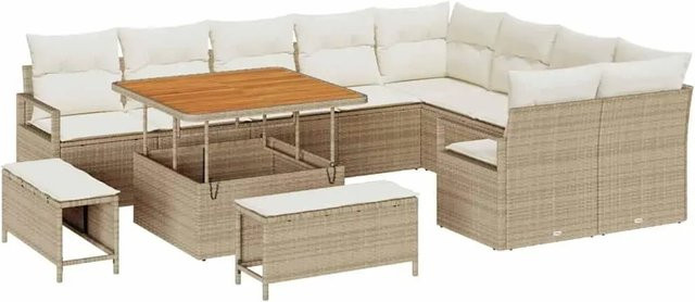 vidaXL Garten-Sofa-Set 12-tlg. aus Poly-Rattan und Akazienholz in Beige-creme mit Kissen - Bild 1